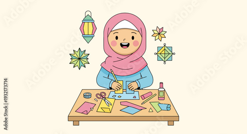 Smiling girl in hijab crafting Ramadan decorations with paper and glue festive cartoon illustration in flat vector style on beige background