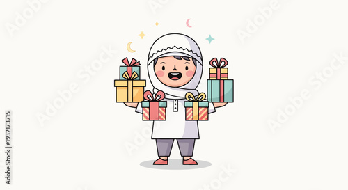 Smiling Muslim girl in hijab holding stacked gifts boxes for Ramadan celebration in cartoon style against white background