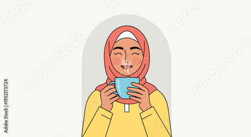 Smiling woman in hijab enjoying a hot drink illustration; cheerful expression warmth and comfort perfect for health wellness and lifestyle content