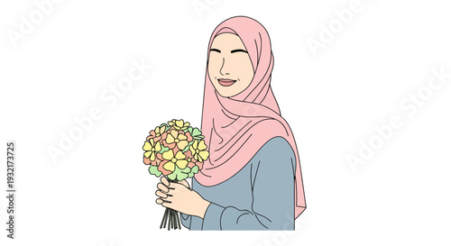 Smiling muslim woman in pink hijab holding a beautiful bouquet of colorful flowers illustration in vector design for graphic design