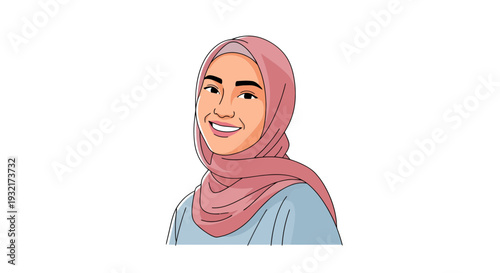 Smiling woman in pink hijab illustration cartoon vector art portrait modest fashion cheerful expression muslim culture advertising template