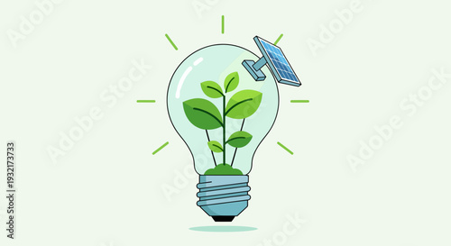 Solar panel powering lightbulb with plant inside illustration showcasing renewable energy and green technology innovation concept