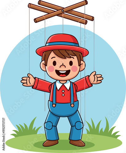 Cute Puppet Boy Illustration Controlled by Strings, Marionette Character Concept Showing Manipulation, Control Theme, and Playful Cartoon Design for Kids Projects