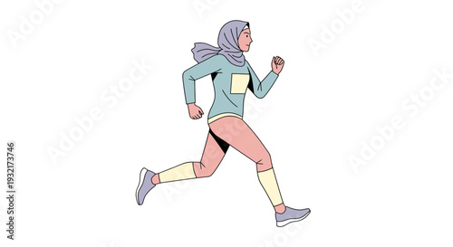 Sporty woman in hijab jogging full-length vector illustration. Modern artwork of muslim athlete running. Female fitness concept for advertising and design.