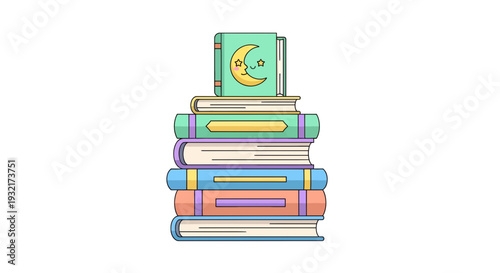 Stack of colorful story books with moon and star cover vector illustration for children's education and bedtime reading creative learning