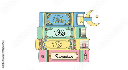Stack of Ramadan-themed books illustration with Arabic calligraphy; pastel colors crescent moon and star design for religion and culture
