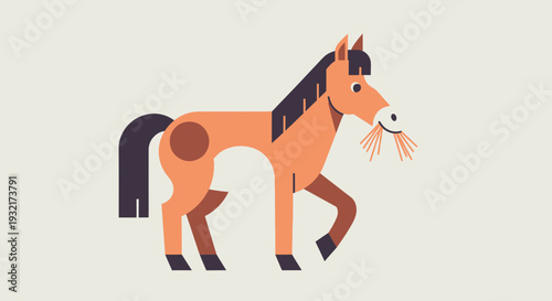Stylized vector illustration of a brown horse with black mane eating hay geometric design modern cartoon style animal mascot