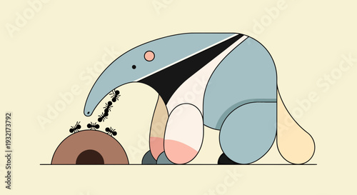 Stylized anteater illustration feasting on ants at anthill in geometric design with pastel color palette and playful concept ideal for kids books