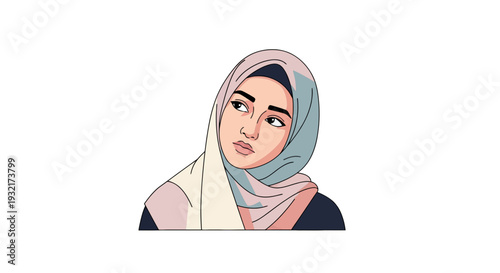 Thoughtful Muslim woman in hijab looking up with soft pastel colors in a modern illustration style ideal for Islamic themed designs and backgrounds