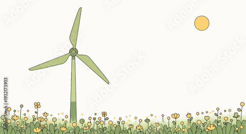 Wind turbine in a field of flowers illustration; renewable energy concept in a whimsical cartoon style with yellow and green colors under a sunny sky