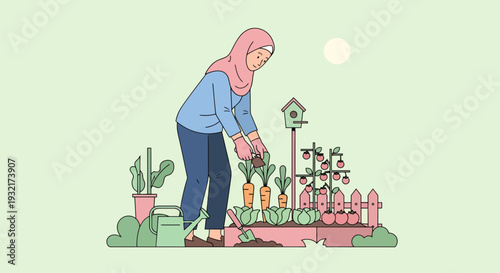 Woman gardening in a vegetable garden with carrots tomatoes cabbages and a birdhouse in a flat vector style illustration