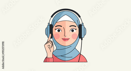 Woman in hijab listening to music with headphones illustration in flat design; podcast concept art cultural representation with modern tech