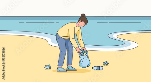 Woman picking up trash and plastic bottle on the beach in summer; Illustration in vector style volunteering to clean sandy shore