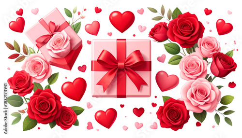 Vibrant floral arrangement with red roses and heart-shaped decorations for valentine's day isolated on transparent background