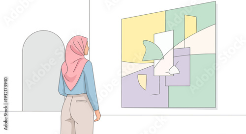 Woman wearing hijab admiring abstract painting in art gallery minimalist line art style modern design creative expression pastel color palette