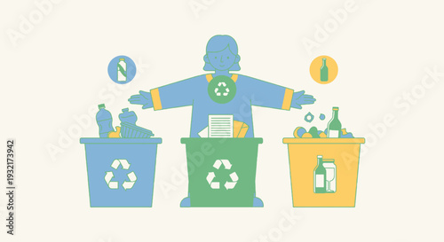 Woman sorting waste into recycling bins for plastic paper and glass with sustainability symbols in a cartoon style