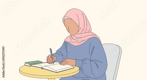 Woman wearing hijab sitting at desk writing in notebook illustration in flat design; education studying learning concept