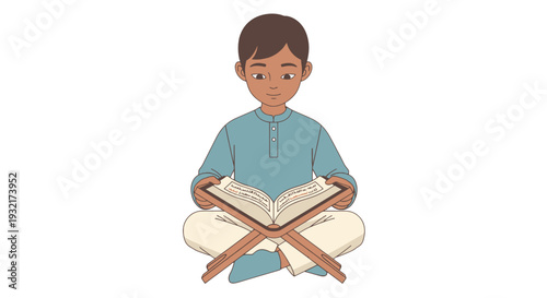 Young boy reading Quran on wooden stand in vector illustration; religious education; traditional clothing; spiritual learning; holy book study.