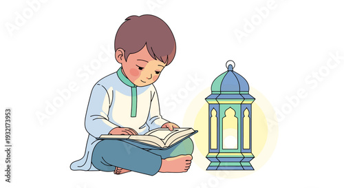 Young boy reading a book next to a glowing lantern cartoon style vector illustration for Ramadan and Eid celebration designs
