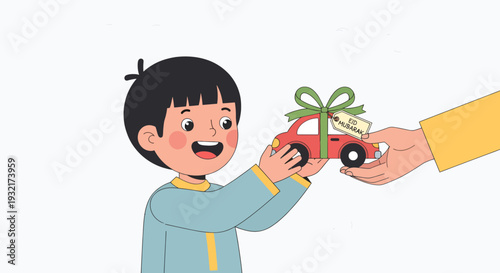 Young boy receives a toy car with an Eid Mubarak tag as a gift cartoon illustration style for holiday celebration and kids content