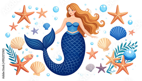 Mermaid surrounded by starfish and sea creatures in a vibrant underwater scene isolated on transparent background