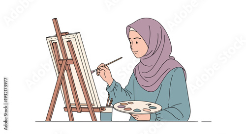 Young Muslim woman painting on canvas on an easel in a studio illustration with a colorful palette creating art and expressing creativity
