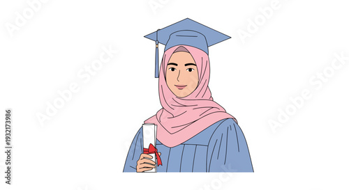 Young Muslim woman graduate in graduation gown and hijab holding diploma with red ribbon in vector art style illustration
