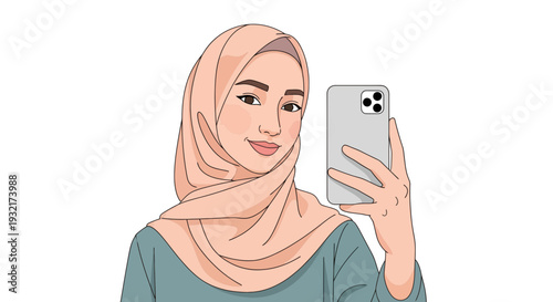 Young Muslim woman in hijab taking a selfie with her smartphone showcasing modern modest fashion and digital lifestyle against a clean backdrop