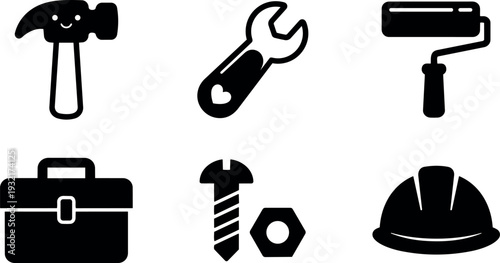 Flat design close up wrench and hammer tool kit icons with paint roller bolt nut and hard hat silhouette monochrome