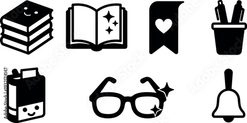 Flat minimalist school icons set stack of books open book bookmark pencil cup milk carton glasses bell vector black simple