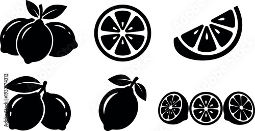 Flat design citrus icon set close up lemon and orange slices whole fruit and wedge top view simple silhouette black