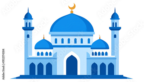 Elegant mosque with blue dome and golden spire under clear sky isolated on transparent background