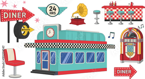 Retro Diner Illustration Set with Vintage Restaurant Building, Neon Signs, Jukebox, Bar Stools, and Classic American 1950s Nostalgic Elements