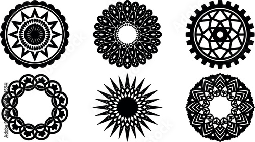 Intricate black mandala vector set six circular ornamental emblems radial symmetry close up top view decorative bold graphic silhouette isolated