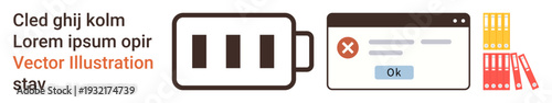Power management, technology errors, organization, business settings, data management, notifications. Battery icon, error message in browser file folders. Power management and technology errors