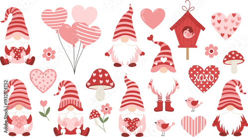 Valentine Gnome Illustration Set with Hearts, Love Birds, Mushrooms, and Romantic Scandinavian Characters for Holiday Cards, Decorations, and Cute Seasonal Designs