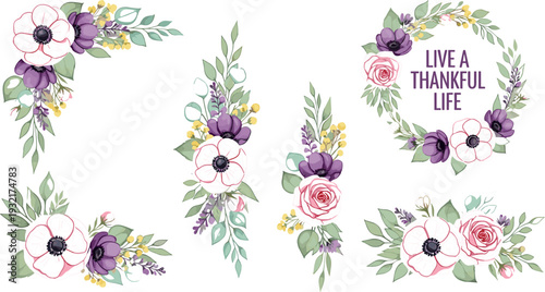 Watercolor Floral Arrangement Set with Elegant Leaves, Blossoms, and Botanical Elements for Wedding Invitations, Greeting Cards, Branding, and Decorative Designs