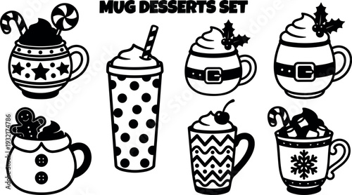 Flat design close up set of eight festive mug dessert icons with candy cane whipped cream and holly winter holiday