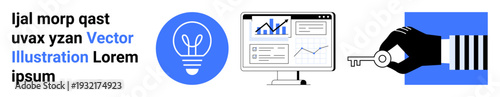 Business strategy, innovation, data security, analytics, intellectual property, online access. Light bulb, monitor with graphs key in hand. Innovation and data security