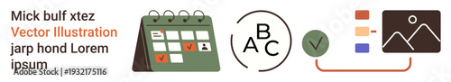 Time management, planning, education, organization, decision-making, productivity. A calendar, letters a checklist icon and a chart. Planning and time management effectively through icons