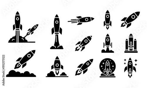 Rocket Launch Icon Set – Spacecraft Takeoff, Startup Growth and Space Mission Silhouette Collection