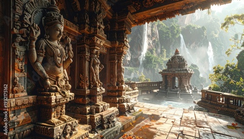 Ancient Indian Temple Architecture with Lush Greenery and Cascading Waterfalls