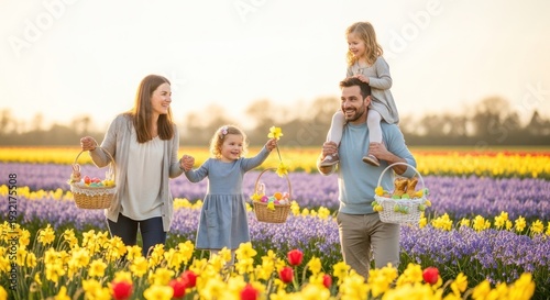 Happy family enjoying Easter egg hunt in flower field