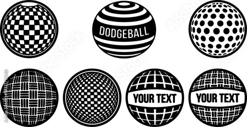 Vintage halftone style close up array of eight patterned dodgeball icons showing checkerboard polka stripe woven textures in high contrast