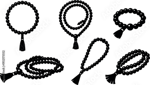 Minimalist vector silhouette close up of six prayer beads rosary strings with tassels various arrangements top view black isolated collection