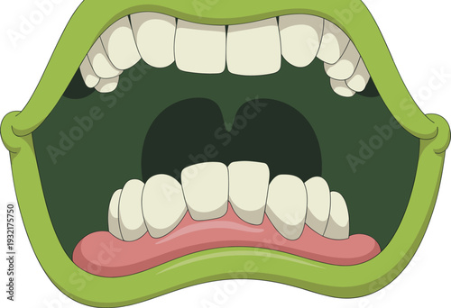 Cartoon style open mouth illustration with exaggerated teeth, pink tongue, and bold colorful outline, perfect for educational, entertainment, dental, and playful design concepts