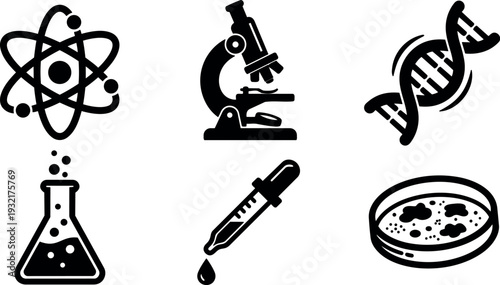 Vector science icon set atom microscope dna flask pipette petri dish flat minimalist black silhouettes closeup top view laboratory tools