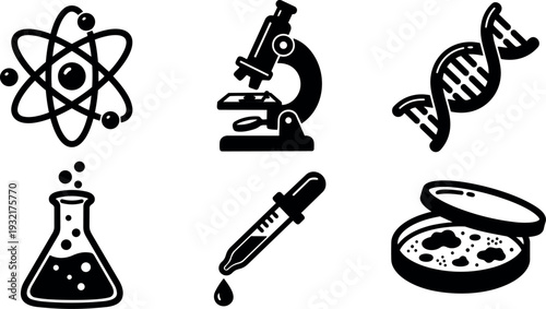 Line art close up science icon set atom microscope dna flask pipette petri dish simple black vector illustration minimal isolated