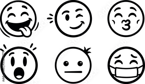 Line art hand drawn emoticon faces set six playful expressions close up vector icons black outline neutral surprised winking grinning