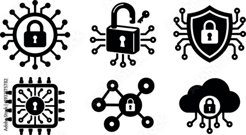 Flat design cybersecurity icons close up set of locks shield chip cloud network symbols in black minimal line art vector